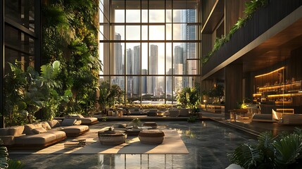 Fototapeta premium Warm and inviting living room featuring glowing cityscape through glass walls