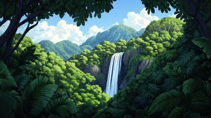 Serene Waterfall Surrounded by Lush Green Jungle Landscape