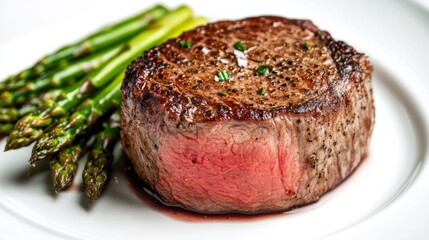 A perfectly cooked filet mignon steak with a seared crust, served with a side of roasted asparagus, Steak centered on a plain white plate
