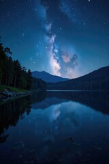 Starry night with a lake and glowing star trails reflected in the water, peaceful, night sky