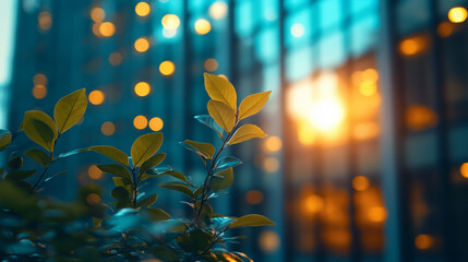 Corporate glass building facade reflecting green trees symbolizing the importance of integrating sustainability into business practice with a modern minimalist tone and blank space on the side