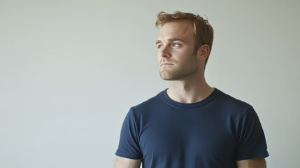 Obraz premium man wearing a navy-blue t-shirt, standing in a three-quarter view, showcasing the side and front