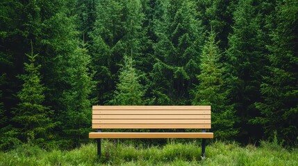 Wooden Bench Surrounded by Lush Green Forest and Tall Trees