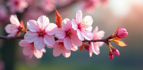 Fototapeta premium A branch of cherry blossom flowers on a tree with leaves, leaves, cherry blossom branches, foliage