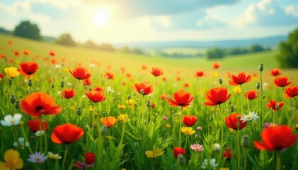 A colorful meadow filled with wild red poppies and other spring wildflowers, green, spring, colorful meadow
