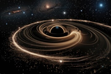 A mesmerizing illustration of a supermassive black hole, surrounded by swirling accretion disk and distant stars.
