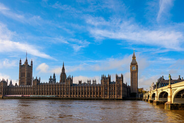Westminster Bridge, Big Ben and the Houses of Parliament in London.