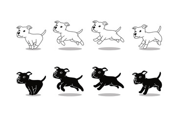 Vector cartoon character pit bull terrier dog running step black and white colors for design.