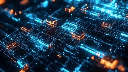 Fototapeta premium Futuristic Digital Technology Abstract with Bright Blue and Orange Lights