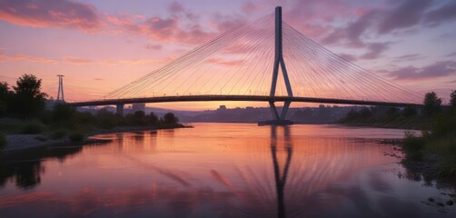 Obraz premium River flowing under cable stayed bridge at dawn, water, movement, reflection
