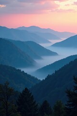 Obraz premium Rolling hills and mountains covered in a thick layer of mist at twilight, hills, forest
