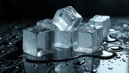 Fresh ice cubes melting on a dark reflective surface with scattered water droplets	