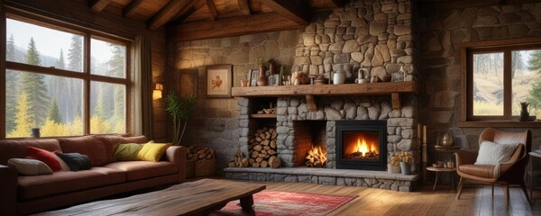 Rustic cabin wall with wooden beams and stone fireplace, vintage wooden beams, rustic decor