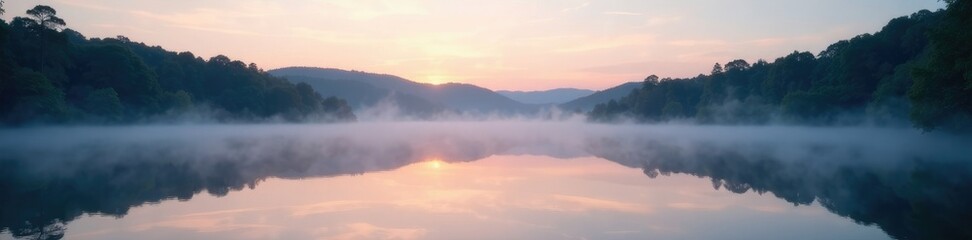 Obraz premium A serene lake at dusk with mist rising from water surface, pure, tranquility, mist