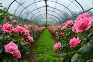 Fototapeta premium Lush Greenhouse with Rows of Vibrant Pink Roses in Full Bloom