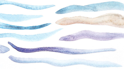 Colorful watercolor brushstrokes in blue and purple tones on white background.