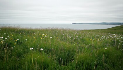 Coastal landscape with grass and sea water beach. Ocean horizon background.