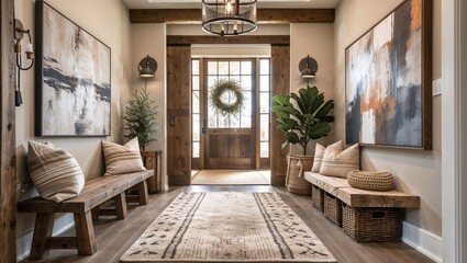 Modern Farmhouse Rustic Interior Design with Warm Wooden Accents, Cozy and Inviting Atmosphere