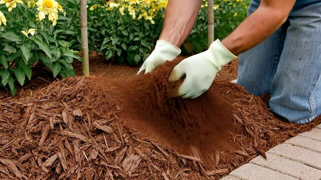 Gardener adding mulch to flower bed in vibrant garden during sunny day