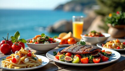Assorted Mediterranean Appetizers and Drinks on Blue Background