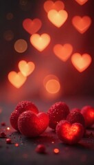 Warm and fuzzy bokeh background with heart-shaped decorations, festive atmosphere, warm tones