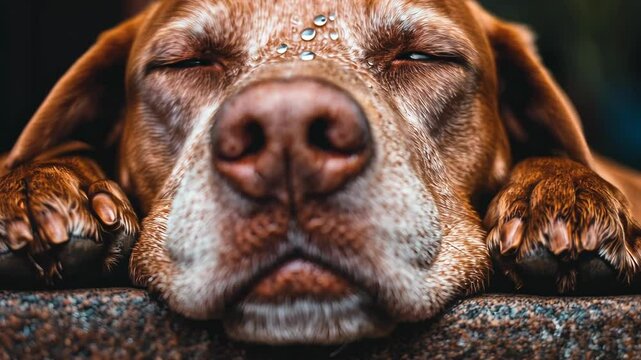 Dog resting with eyes closed, paws resting on a surface in a peaceful and serene setting surrounded by nature
