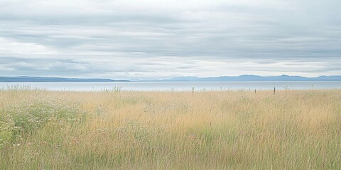 Coastal landscape with grass and sea water beach. Ocean horizon background.
