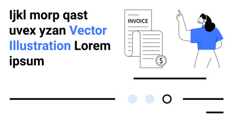 Businesswoman presenting an invoice with dollar symbol text elements in a modern layout. Ideal for business, finance, presentations, corporate, marketing, communication, education. Landing page
