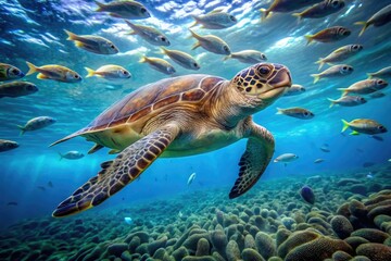 Sea turtle swimming and playing in the ocean with schools of small fish nearby, underwater world, sea turtle, seaweed