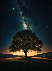 Lone tree silhouetted, Milky Way backdrop, night, hilltop, nature photography