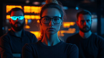 A team of four cybersecurity experts, two men and two women, dressed in dark casual attire, standing in a dimly lit office with glowing screens full of encrypted code in the background.