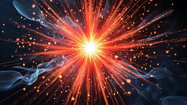 Fiery Explosion with Glowing Orange Sparks and Smoke Expanding in Dark Space Creating a Dramatic Energy Burst Effect

