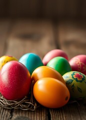Colorful easter eggs on a wooden background easter egg holiday illustration celebration easter