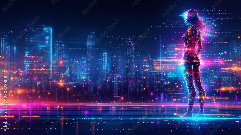 Wall mural vector style, flat design dystopian visual concept, male cyborg with tribal markings, standing tall, urban skyline in the background, gritty textures and moody lighting