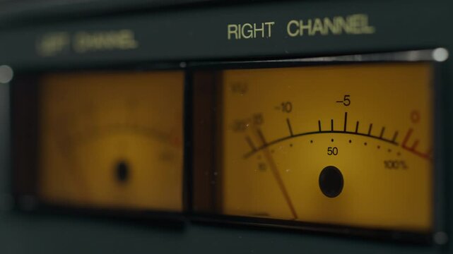 Close-Up of Vintage Reel-to-Reel Tape Recorder VU Meters (ReVox B77 MKII Stereo)