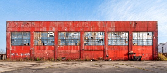 Abandoned red warehouse with broken windows and overgrown vegetation under a blue sky