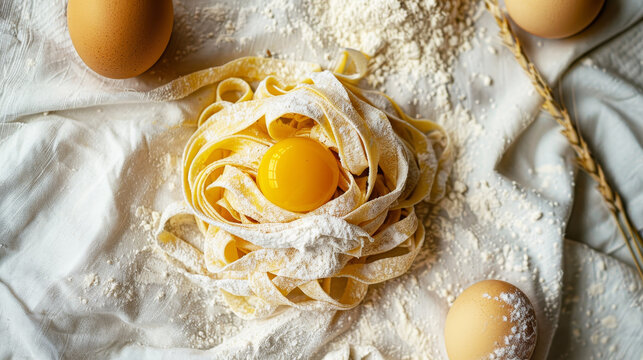 Tagliatelle all'uovo fresche posizionate su una tovaglia di lino bianco, con elementi di farina e un uovo