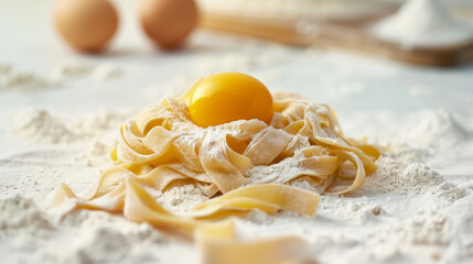 Tagliatelle all'uovo fresche posizionate su una tovaglia di lino bianco, con elementi di farina e un uovo