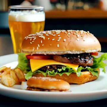 Tasty burger with lettuce, tomato, cheese, and grilled patty with fries and a glass of beer, perfect for a satisfying meal.