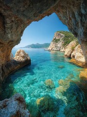 Coastal cave view, turquoise water, idyllic island scenery, summer travel