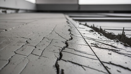 Obraz premium Cracked concrete surface revealing structural issues in an industrial building with a muted atmosphere