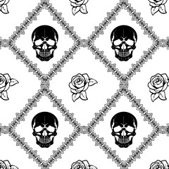 White background with skulls.Vector seamless black and white pattern with skulls, flowers and ornaments on a white background.