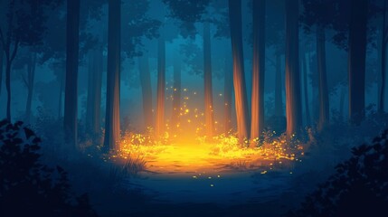 Obraz premium Enchanted Forest at Night with Glowing Fireflies and Campfire