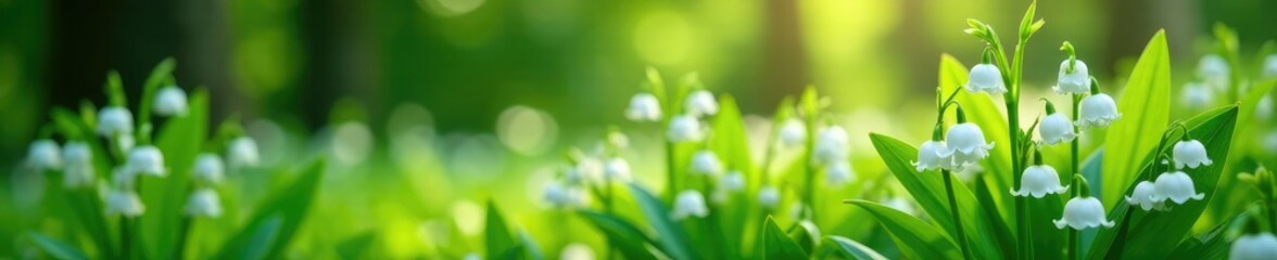 Obraz premium Lily of the valley flowers in a garden with lush greenery, spring, lily, of