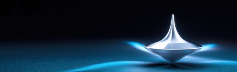 A sleek metallic spinning top in motion on a smooth blue gradient surface, with subtle motion blur and glowing light reflections. Futuristic and minimalist desktop wallpaper concept.