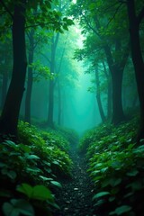 Fototapeta premium Lush foliage in a mystical forest with a misty atmosphere, leaves, mysterious