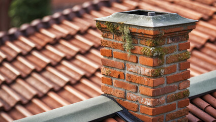 Naklejka premium Brick chimney on a rooftop with terracotta tiles in a residential setting
