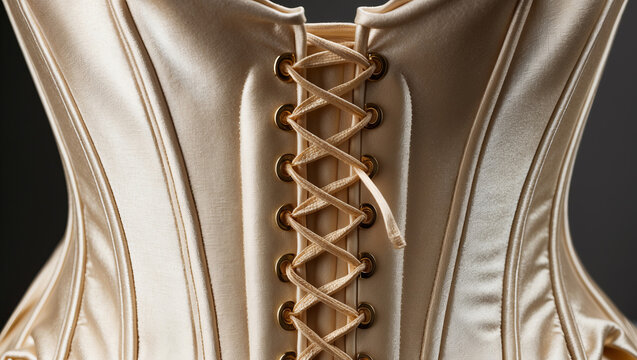 Elegant satin corset with intricate lacing displayed against a dark background in a tailored setting