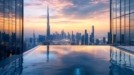 Futuristic skyline with sleek glass skyscrapers shining under a bright sky
