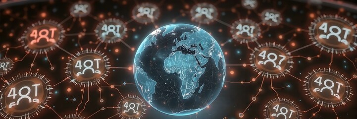 A holographic globe surrounded by glowing AI icons, representing global connectivity and artificial intelligence advancements.